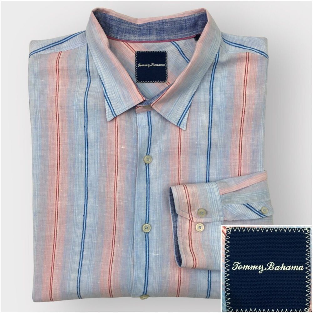 Tommy Bahama Linen Shirt Mens Size 4XB Striped Long Sleeve‎ Button Up Beach Camp